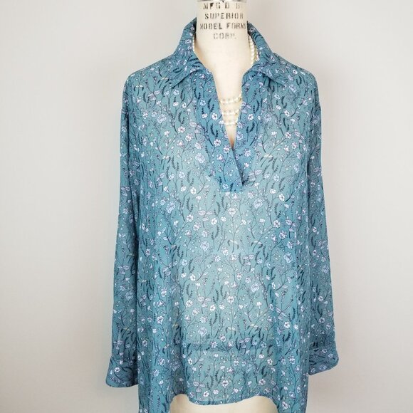 CAbi Chase Tunic Blouse Teal Green Field of Flowers Blouse Style 3761 Size Small - Picture 2 of 7